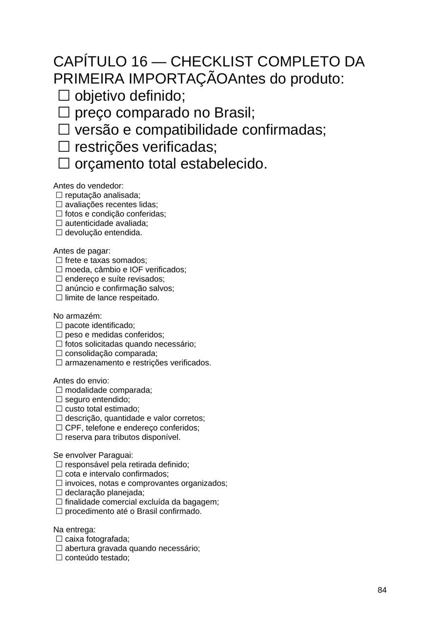Página do ebook sobre Checklist da primeira importação