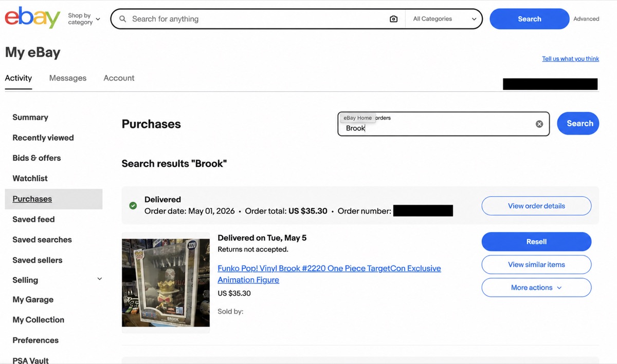 Compra real no eBay com dados pessoais ocultos
